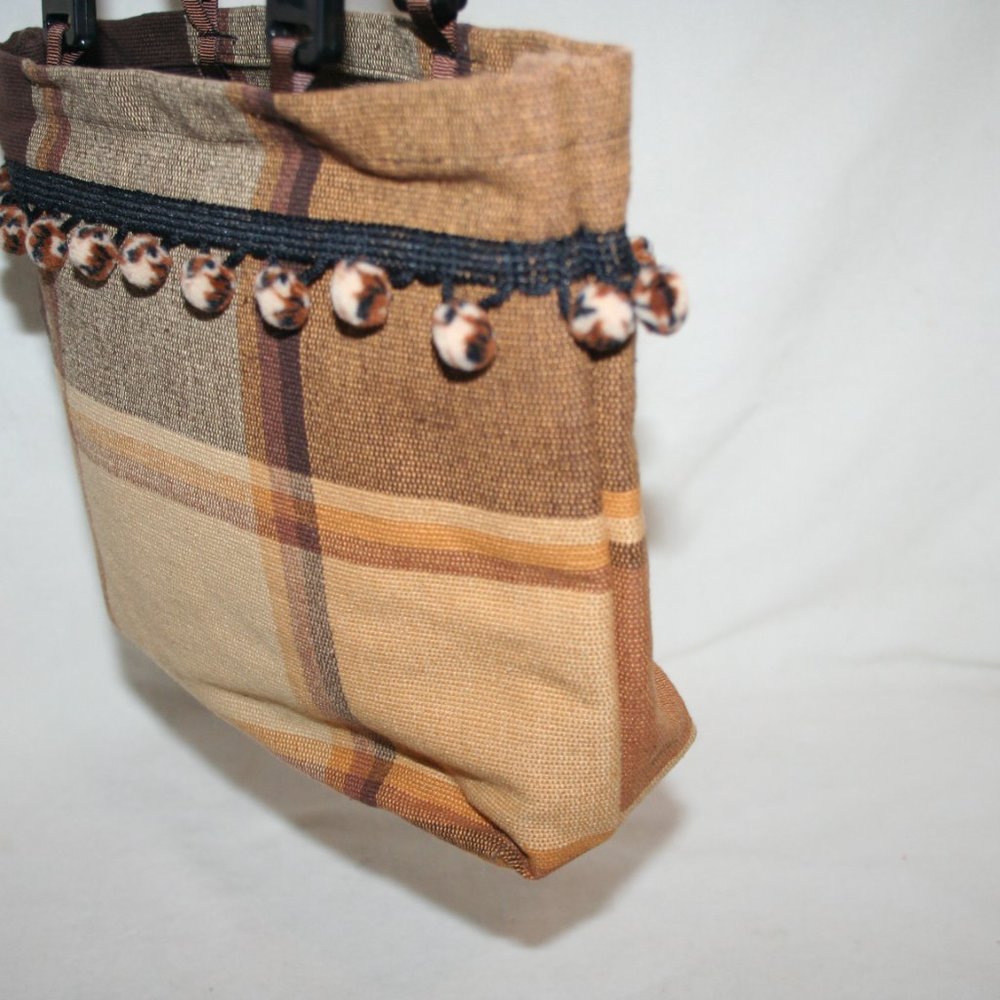 NWOT POM POM PURSE AUTUMN PLAID CANVAS TOASTED BROWN SMALL TOTE BAG CARRYALL - Picture 6 of 15